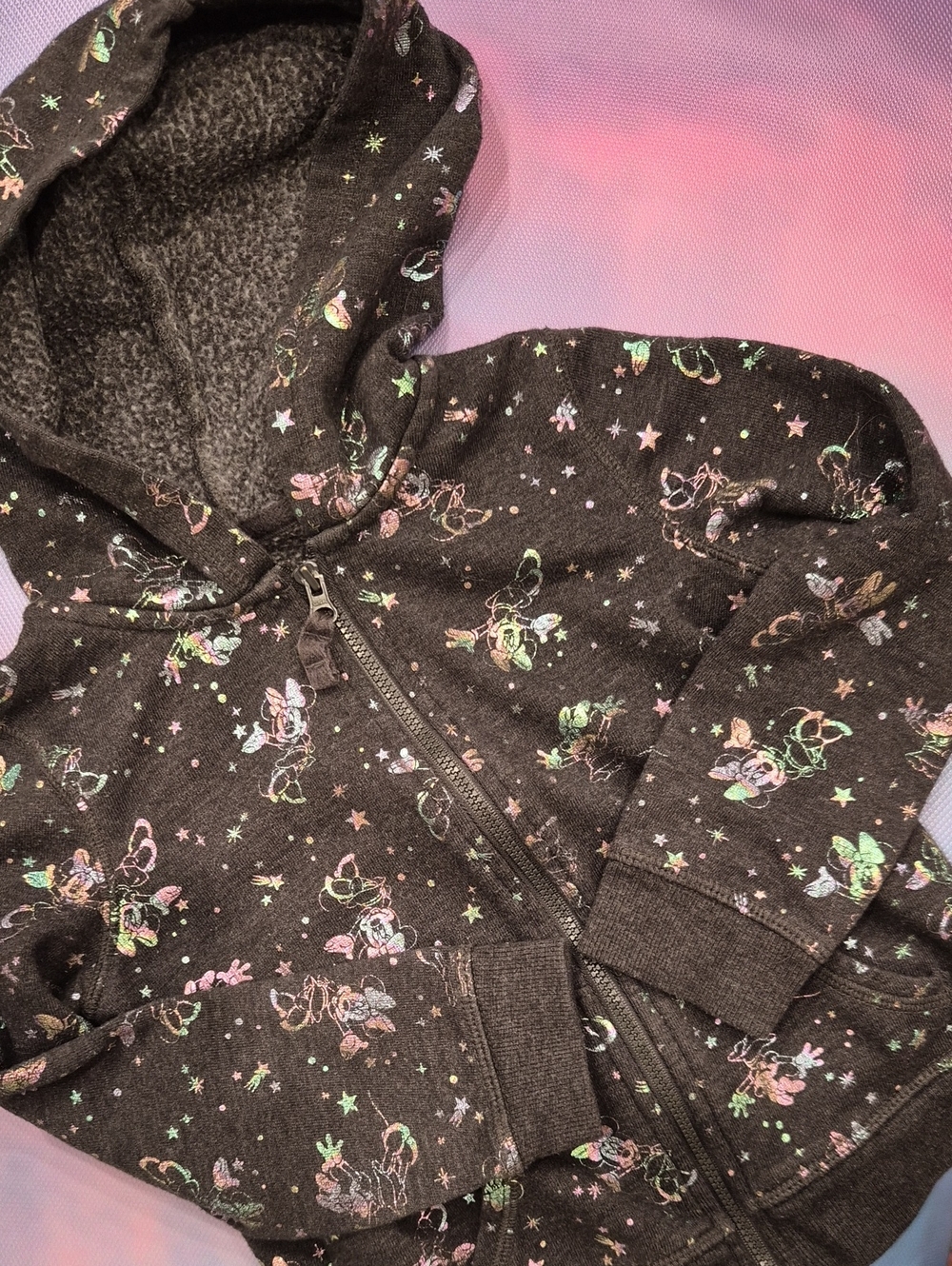 Disney Black Sherpa-Lined Minnie Mouse Zip Hoodie with Pastel Accents